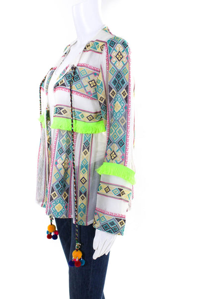 Gooshwa Women's Long Sleeve Embroidered Fringe Open Blouse Multicolor Size S