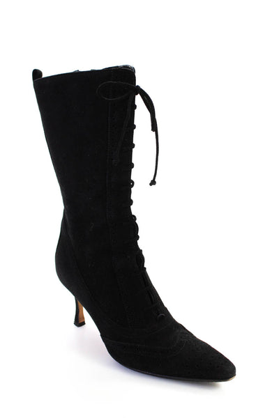 Manolo Blahnik Womens Black Suede Wingtip Lace Up Zip Midi Boots Shoes Size 6.5