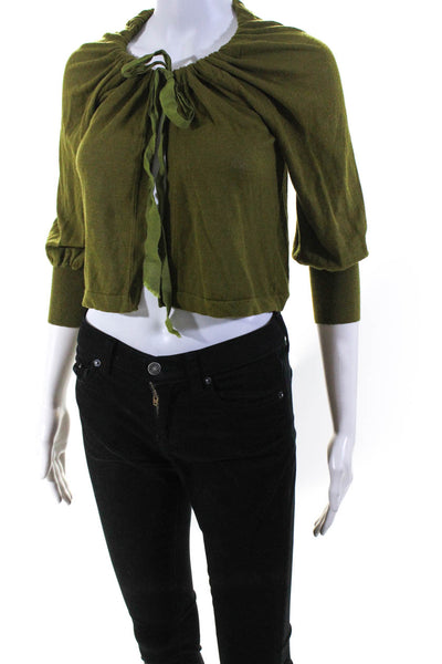 Trina Turk Womens Linen Ruched Tied Front Slit Long Sleeve Cardigan Green Size S