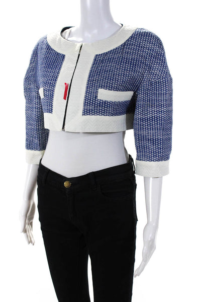 Chanel Womens Crew Neck Chevron Jacquard Crop Zip Jacket Blue White Size FR 36