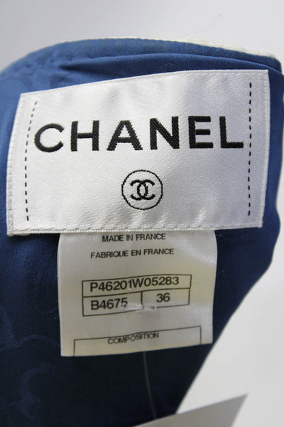 Chanel Womens Crew Neck Chevron Jacquard Crop Zip Jacket Blue White Size FR 36