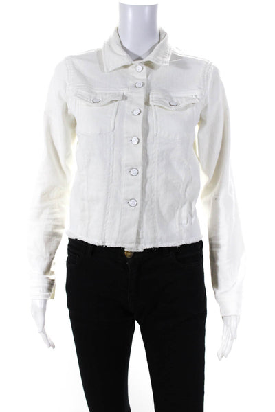 Ecru Women's Long Sleeve Mid Length Distressed Denim Jean Jacket White Size XS