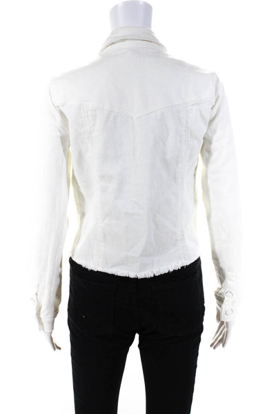 Ecru Women's Long Sleeve Mid Length Distressed Denim Jean Jacket White Size XS