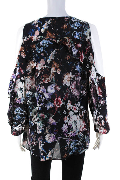 Parker Womens Silk Floral Ruffled Cold Shoulder Long Sleeve Blouse Black Size L