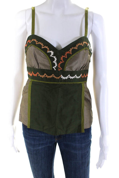 Tocca Womens Embroidered Taffeta Tank Top Blouse Brown Green Silk Size 4