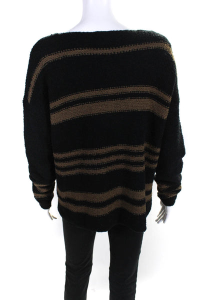 Lilla P Womens Scoop Neck Knit Striped Sweatshirt Black Brown Cotton Size Small