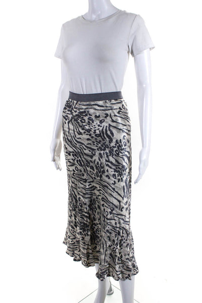 Rails Womens Animal Print Satin Elastic Waist Midi Skirt Gray White Size Large