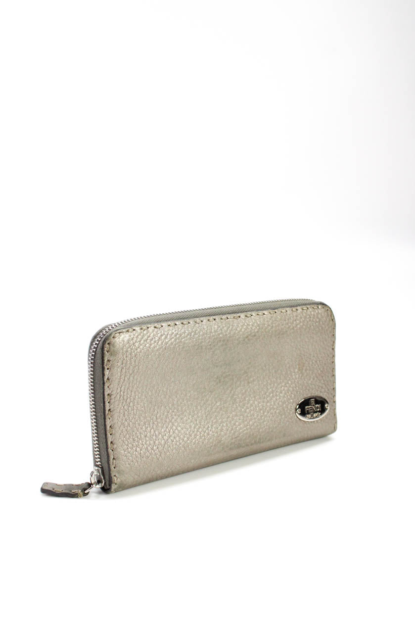 Fendi Womens Gray Selleria Leather Zip Slim Continental Wallet