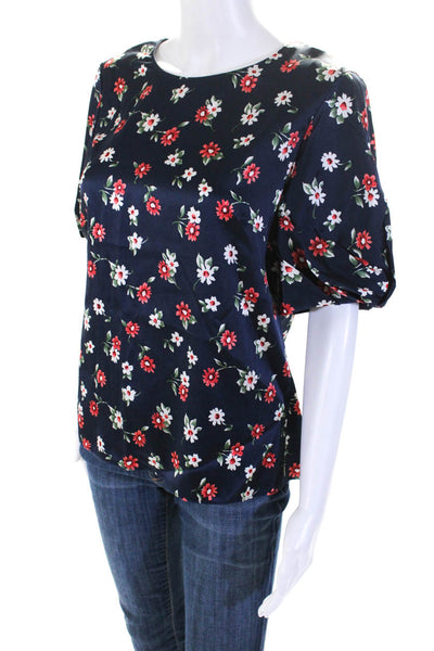 Milly Womens Back Zip Short Sleeve Floral Silk Shirt Navy Blue Multi Size 6
