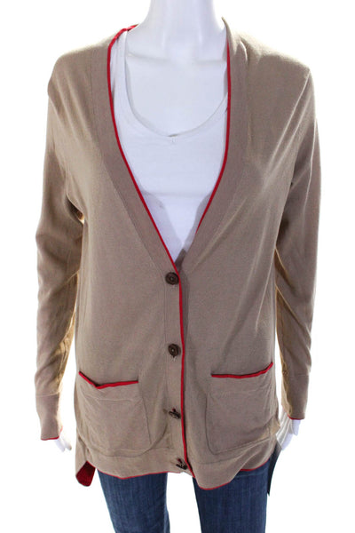 Magaschoni Womens V Neck Cardigan Sweater Brown Red Cotton Size Medium