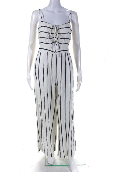 Suboo Womens Linen Striped Print Cut Out Flared Leg Jumpsuit White Blue Size M