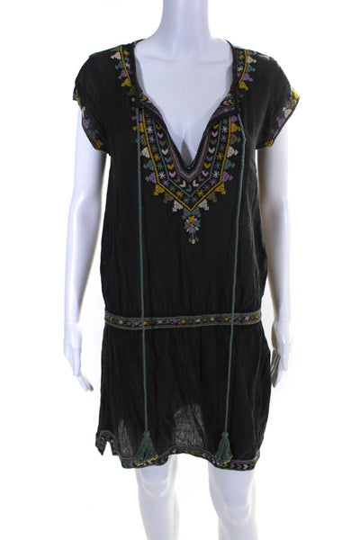 Star Mela Womens Cotton V-Neck Embroidered Tassel Mini Dress Gray Size M