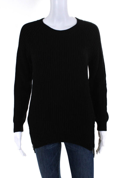 Sen Womens Ribbed Crew Neck Zipper Front Sweater Black Cotton Size 1