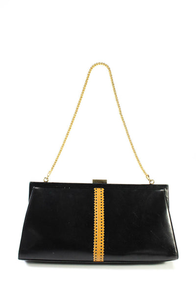 Franchi Womens Leather Striped Chain Strap Structured Shoulder Bag Black Handbag