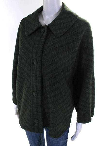Designer Womens Button Front Collared Plaid Coat Green Balck Wool Size Large