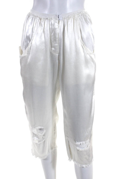 Jaga Womens Ripped Satin Elastic Waist Cropped Capri Pants White Size 1