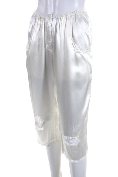 Jaga Womens Ripped Satin Elastic Waist Cropped Capri Pants White Size 1
