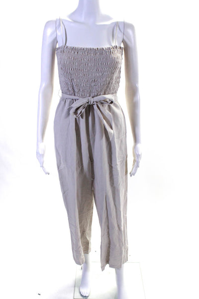 Intermix Womens Linen Blend Sleeveless Belted Smocked Jumpsuit Beige Size 2