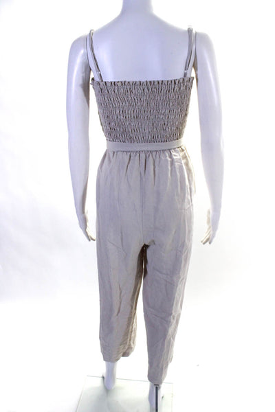 Intermix Womens Linen Blend Sleeveless Belted Smocked Jumpsuit Beige Size 2