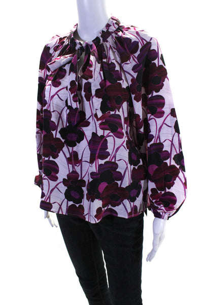 The Westside Womens Silk Floral Print Blouse White Purple Size Extra Small
