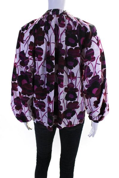The Westside Womens Silk Floral Print Blouse White Purple Size Extra Small