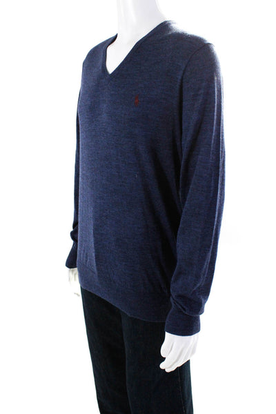 Polo Ralph Lauren Mens Wool Long Sleeve Ribbed V-Neck Sweater Blue Size L