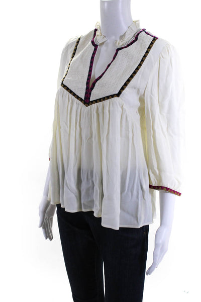 Ba&Sh Womens Crepe Textured Applique V-Neck 3/4 Sleeve Blouse Top Ivory Size 0