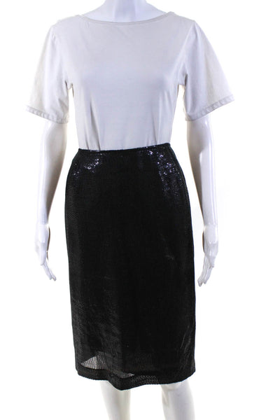 Lafayette 148 New York Womens Silk Sequin Black Split Zip Up Skirt Black Size 12
