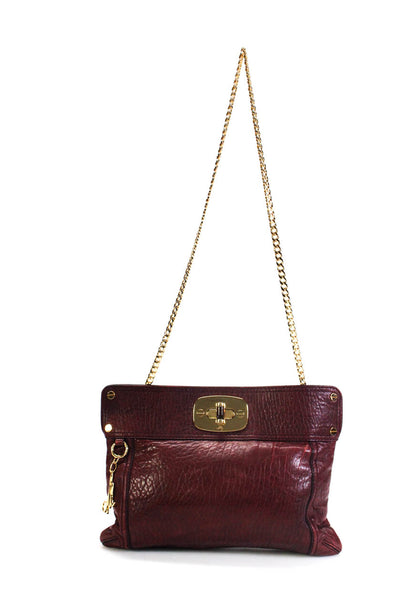 Milly Womens Dark Red Leather Turn Lock Flat Chain Strap Shoulder Bag Handbag