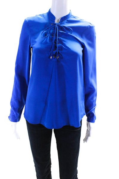 Amanda Uprichard Womens Long Sleeve Lace Up V Neck Silk Shirt Blue Size Petite