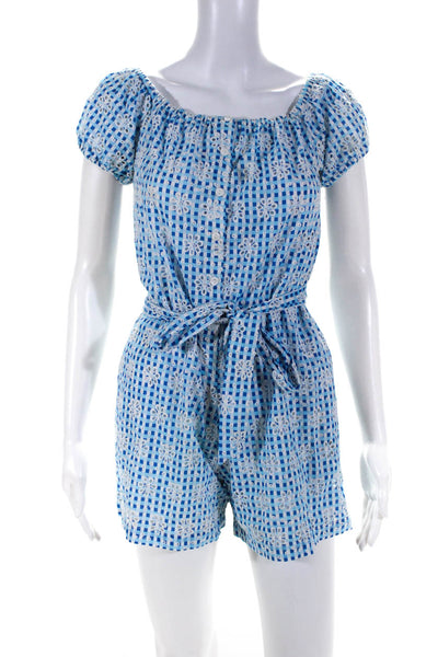 Miguelina Womens Plaid Eyelet Short Sleeve Belted Romper Blue Size Small
