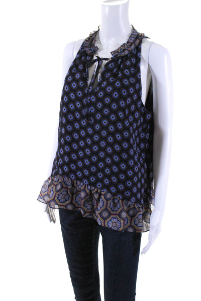 Ramy Brook Womens Navy Silk Printed Ruffle V-neck Sleeveless Blouse Top Size L