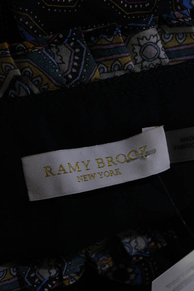 Ramy Brook Womens Navy Silk Printed Ruffle V-neck Sleeveless Blouse Top Size L
