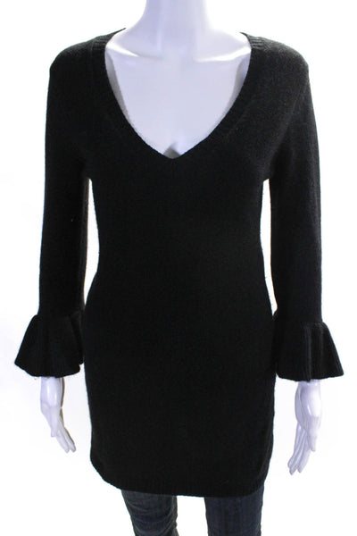 Alice + Olivia Womens Black Wool Knit V-Neck Long Sleeve Sweater Top Size S