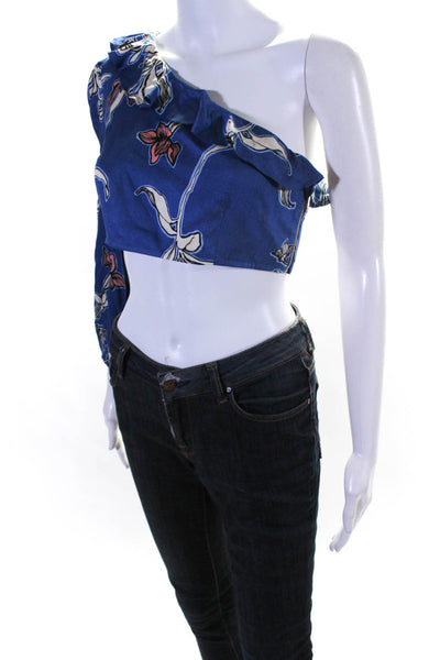 Alexis Womens Floral Side Zip One Shoulder Long Sleeve Cropped Top Blue Size S