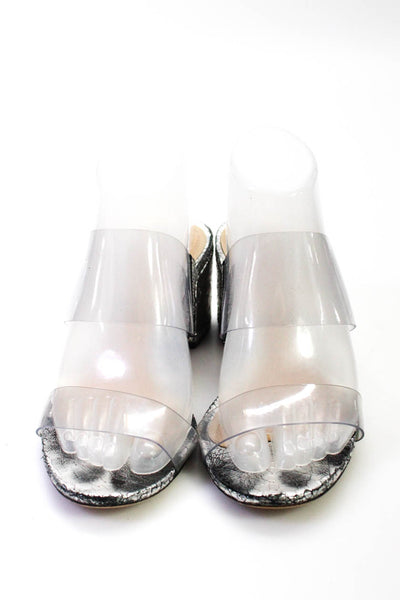 Schutz Womens Metallic Crackle Clear Mules Block Heel Sandals Silver Size 8
