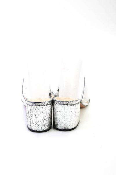 Schutz Womens Metallic Crackle Clear Mules Block Heel Sandals Silver Size 8