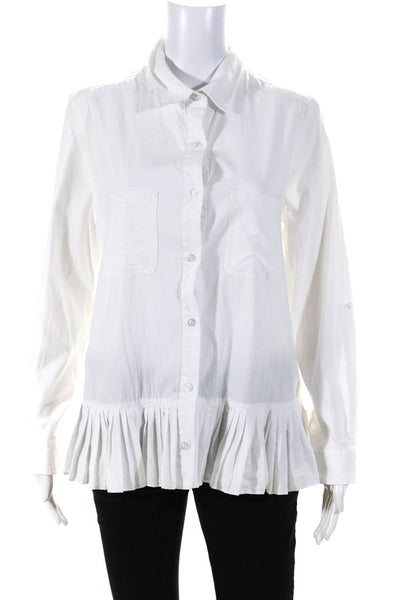 Drew Womens Cotton Buttoned Pleated Hem Collared Long Sleeve Top White Size L