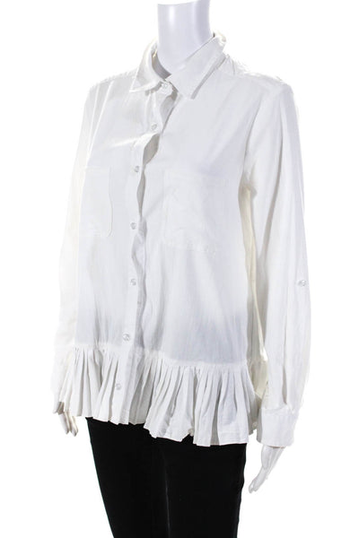 Drew Womens Cotton Buttoned Pleated Hem Collared Long Sleeve Top White Size L