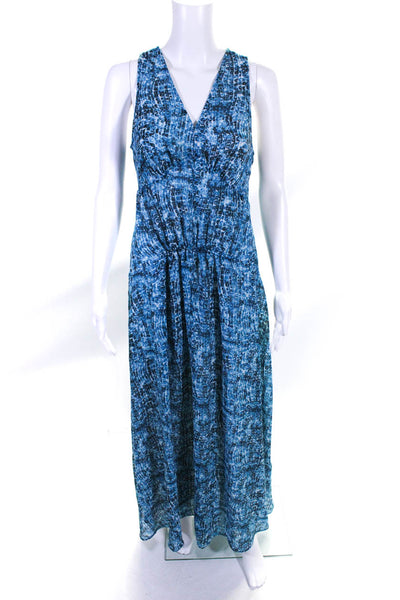 Derek Lam Womens Printed V Neck Sleeveless Pleated A Line Long Dress Blue Size M