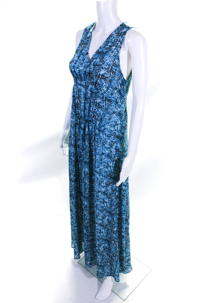 Derek Lam Womens Printed V Neck Sleeveless Pleated A Line Long Dress Blue Size M