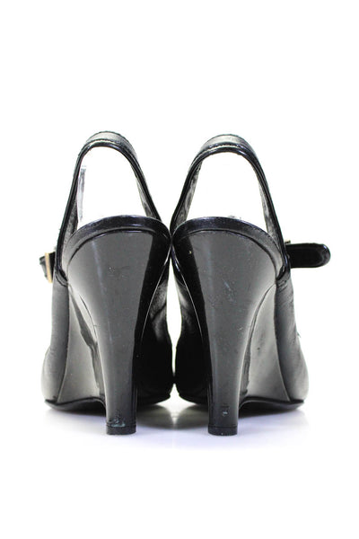 Fendi Womens Leather T Strap Slingback High Heeled Peep Toe Wedges Black Size 7