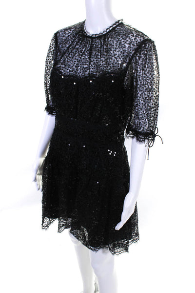 Jonathan Simkhai Womens Lace Embroider Sequin Lace Zip Tiered Dress Black Size 8