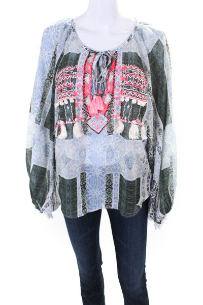Ramy Brook Womens Long Sleeve Embroidered Tassel V-Neck Blouse Top Blue Size XS