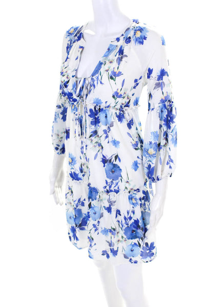 Yumi Kim Womens White Blue Floral V-Neck 3/4 Sleeve Mini A-Line Dress Size XS