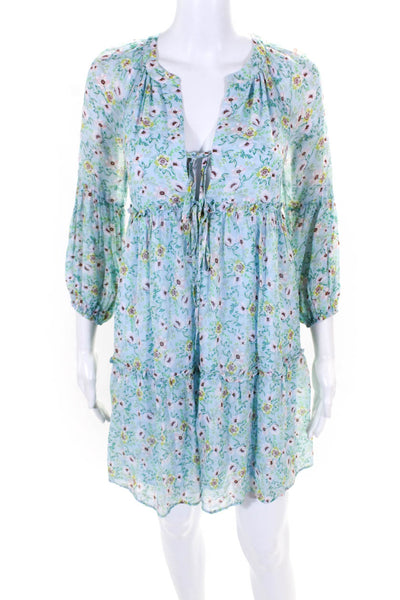 Yumi Kim Womens Teal Floral Print V-Neck 3/4 Sleeve Tiered A-line Dress Size XS