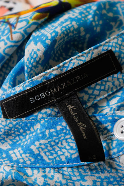 BCBGMAXAZRIA Womens Button Front Snakeskin Floral Print Shirt Blue White Size XS