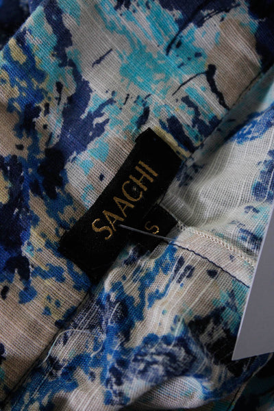 Saachi Womens 3/4 Sleeve V Neck Abstract Tunic Shirt White Blue Size Small