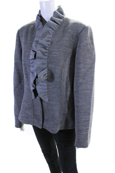 Nissa Womens Virgin Wool Ruffled Textured Snap Close Blazer Jacket Gray Size 18
