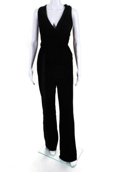 Galvan London Womens Black Velour V-Neck Fringe Detail Sleeveless Jumpsuit Size8